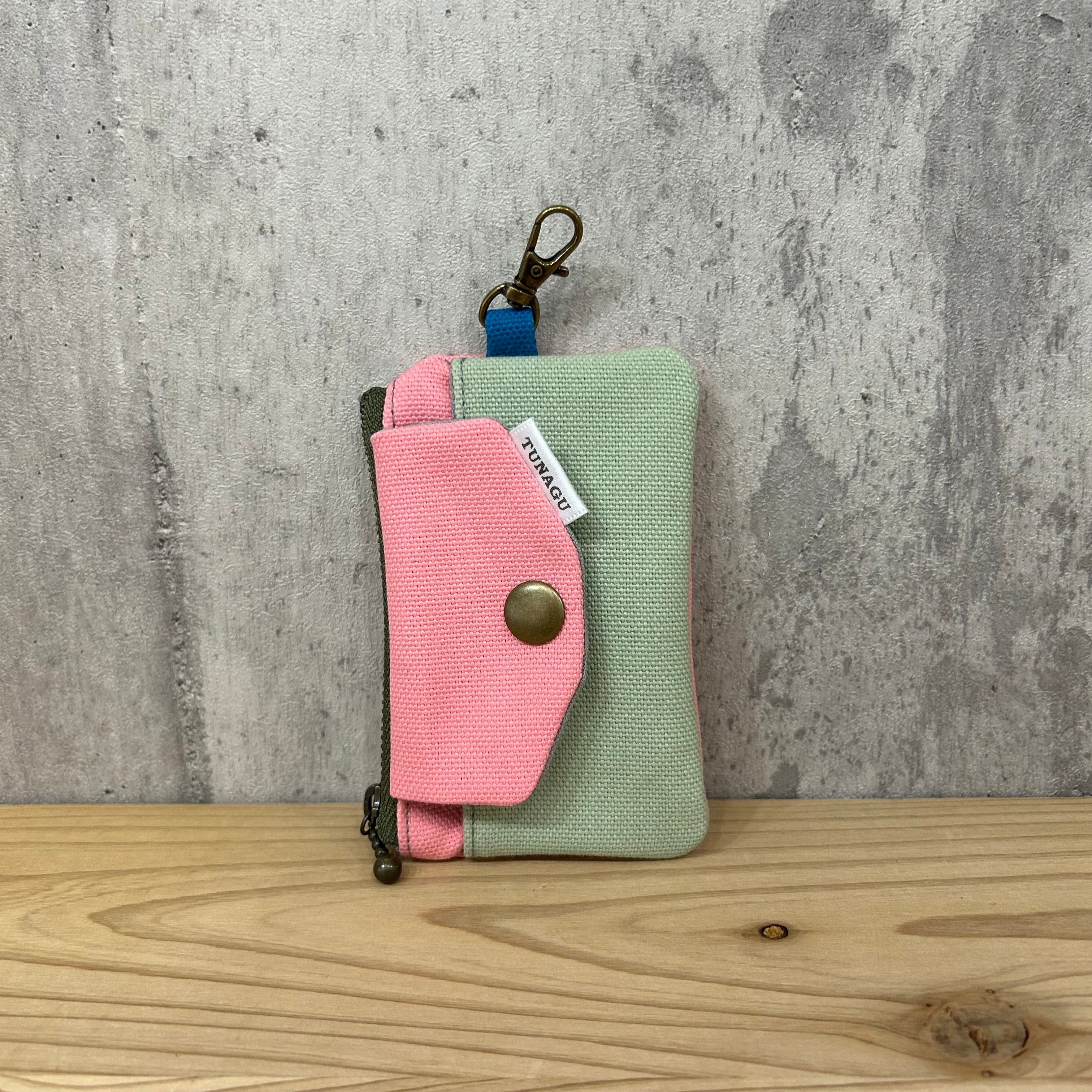 .+*Mini Wallet / カードや小銭、お札入れに【ピンク×クリームグリーン】