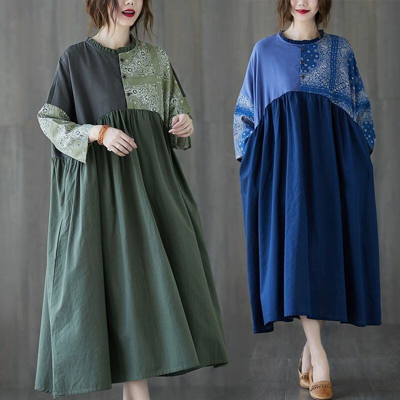 ASYMMETRIC STITCH DESIGN ROUND NECK LONG SLEEVES MIDI DRESS 2colors M-10119