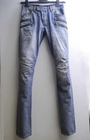 レア18万◆BALMAIN HOMME バルマン ストレッチ混 Wジップ バイカー デニム パンツ ジーンズ 29 薄青◆ デカルナン期のアイコン的アイテム♪
