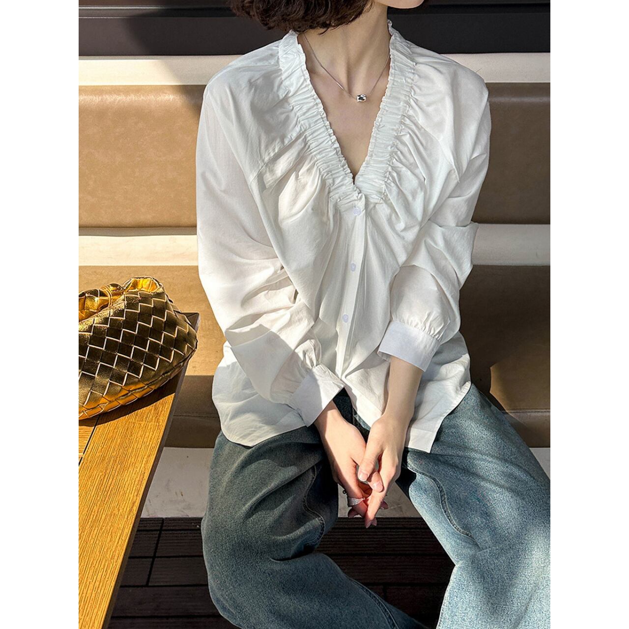 Gathered neckline collarless blouse 1884