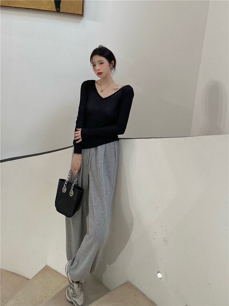 パンツ ルーズハイウェストウェスト薄手サマースタイルグレー 夏物 ブラックストロベリース62212054471