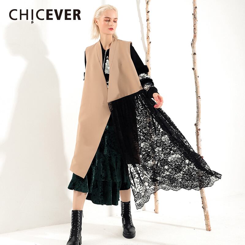 CHICEVERパッチワークレース不規則な女性のベストカーディガンVネックノースリーブルーズ非対称ベスト2020 6base540106759697