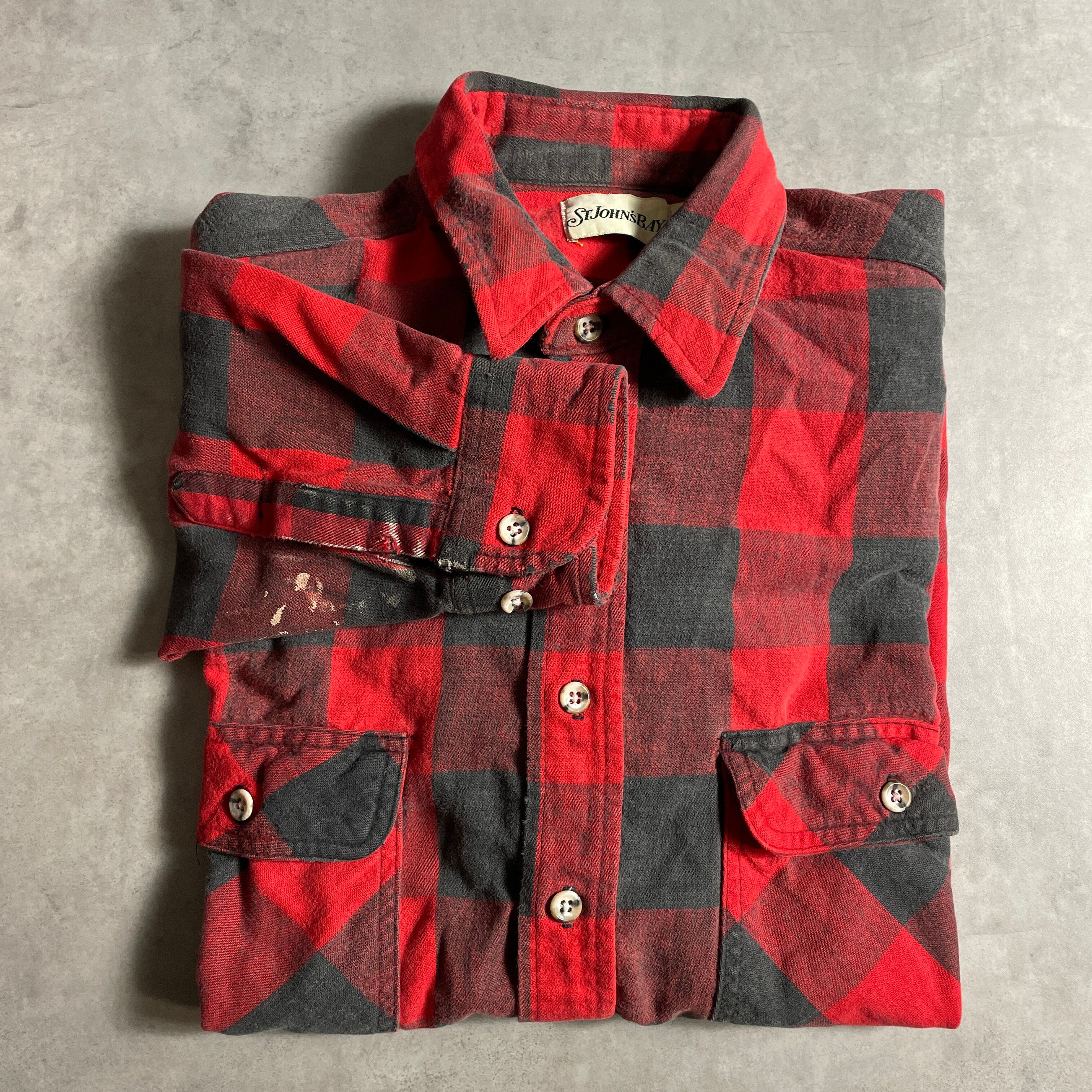 90s ST JOHN'S BAY 赤 チェック 長袖 ヘビネル シャツ vintage フランネル ブロックチェック アメカジ