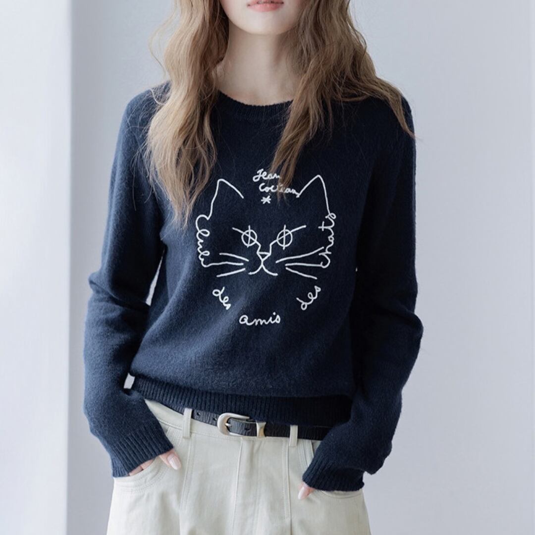 cat embroidery crew neck knit