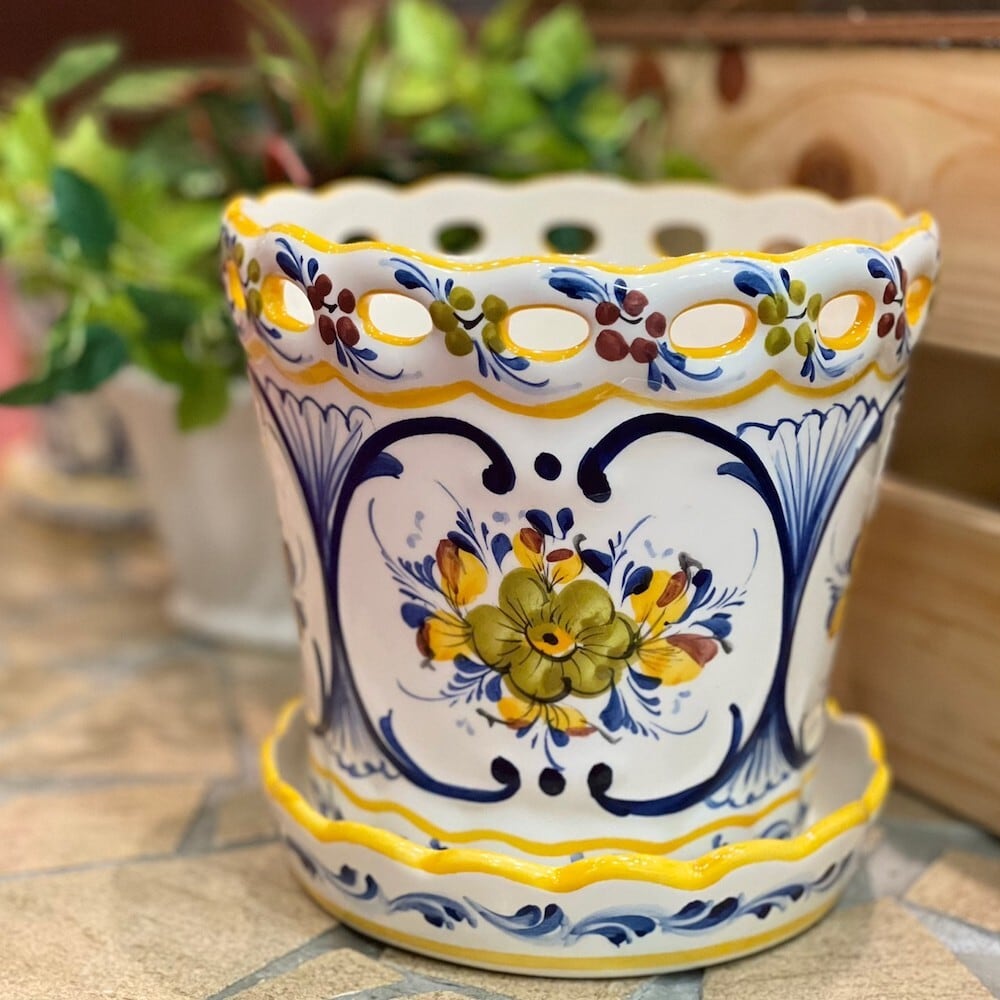 プランター 植木鉢 鉢カバー 受皿セット ポルトガル 手描き 花柄