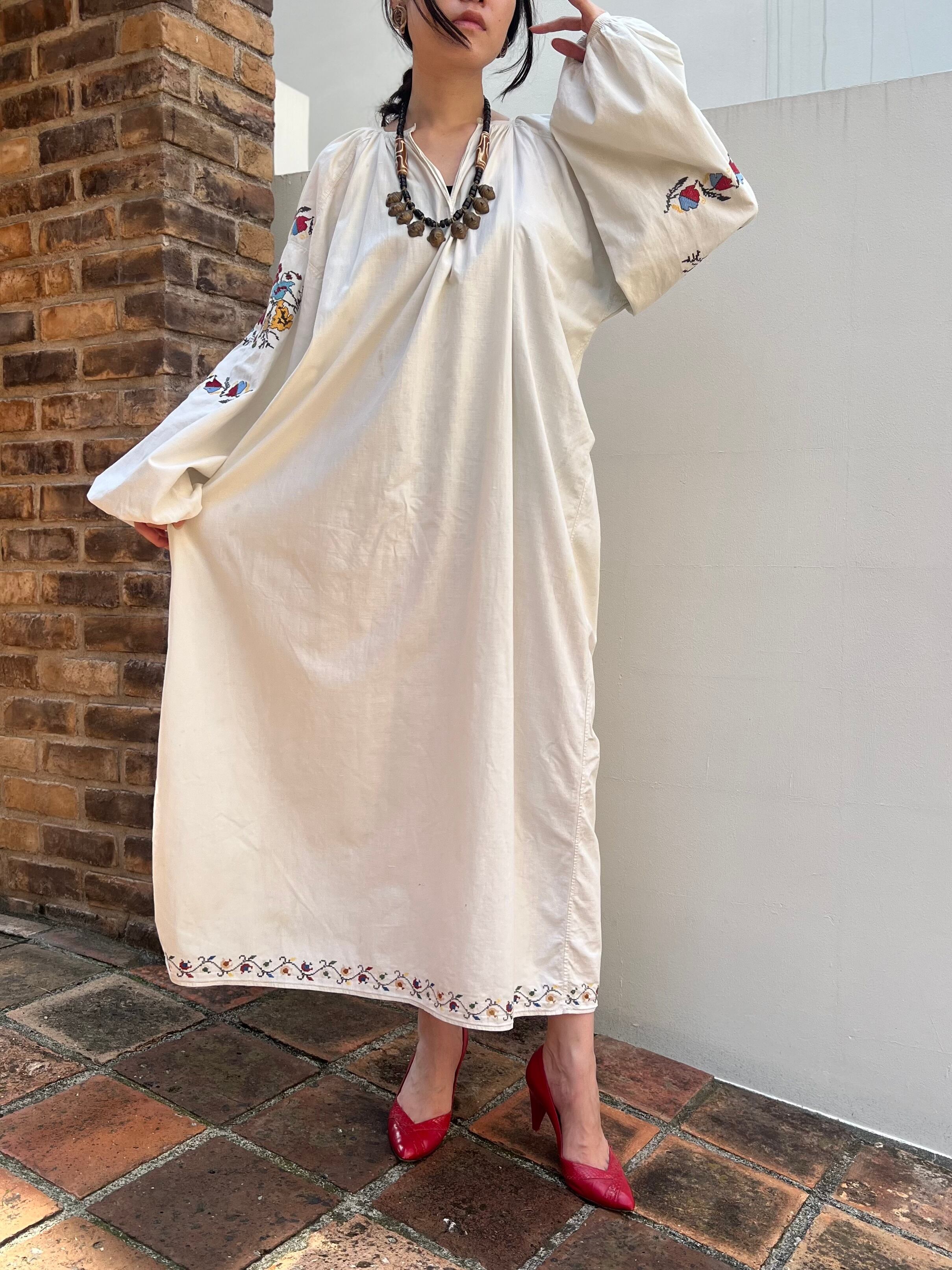Vintage Ukraina multicolor floral embroidery white cotton dress  