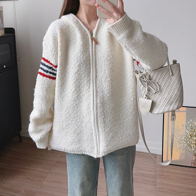 【outer】フード付きニットカーディガン Q7141