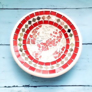 カラフル モザイクトレイ (赤×白)小物入れ インテリア ラウンドプレート【バリ島直輸入】