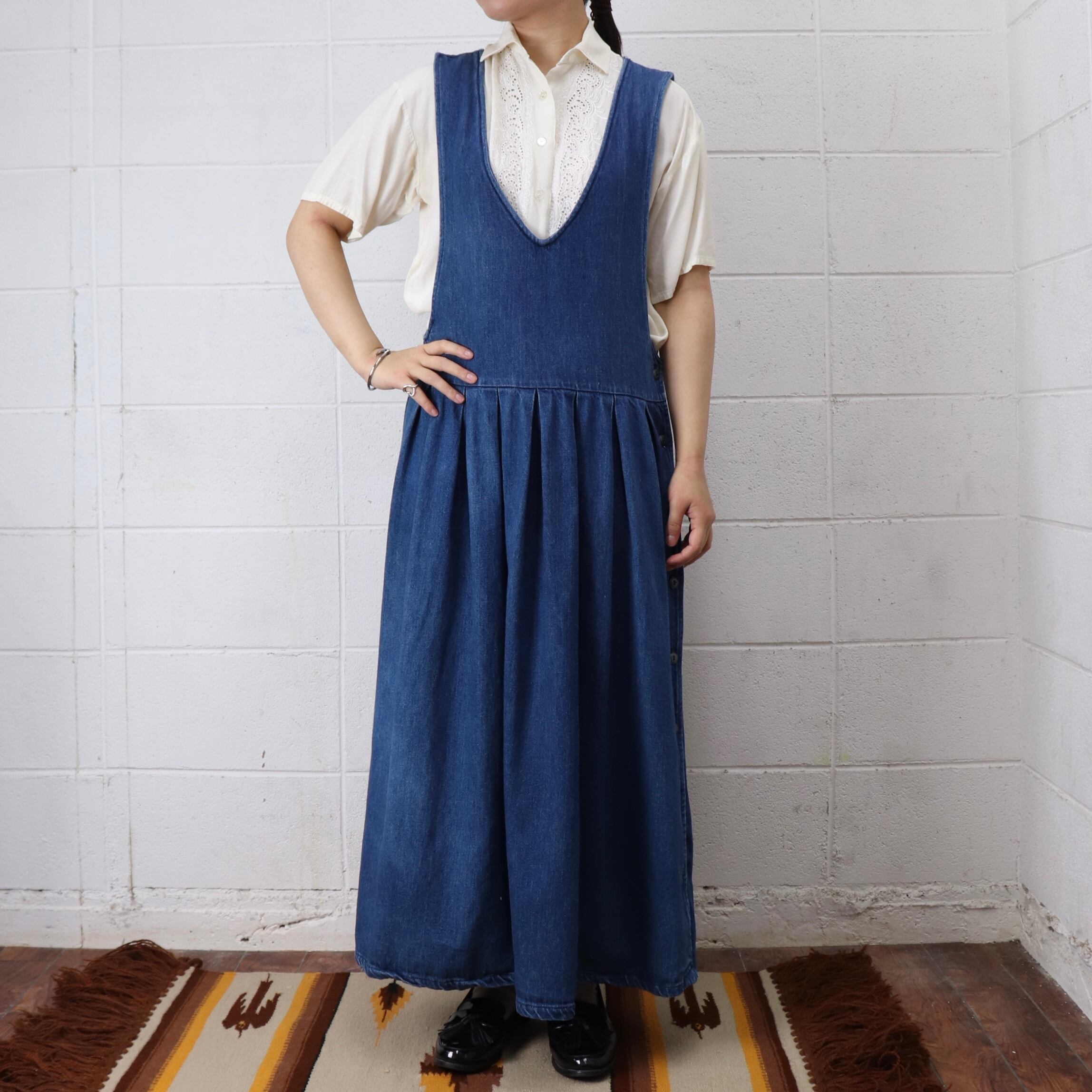 レディース 90年代 Usa製 デニムロングワンピース ジャンパーワンピース アメリカ 古着 コットン インディゴブルー 日本l Roger S Ladies ロジャース レディース