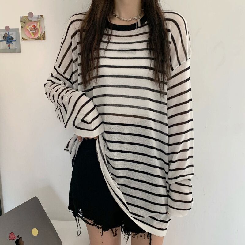 サマースタイルラウンドネック長袖スリーブルーズストライププルオーバー ニットトップス レディース ロング 夏物 Oネック ハンチェンe8993943118