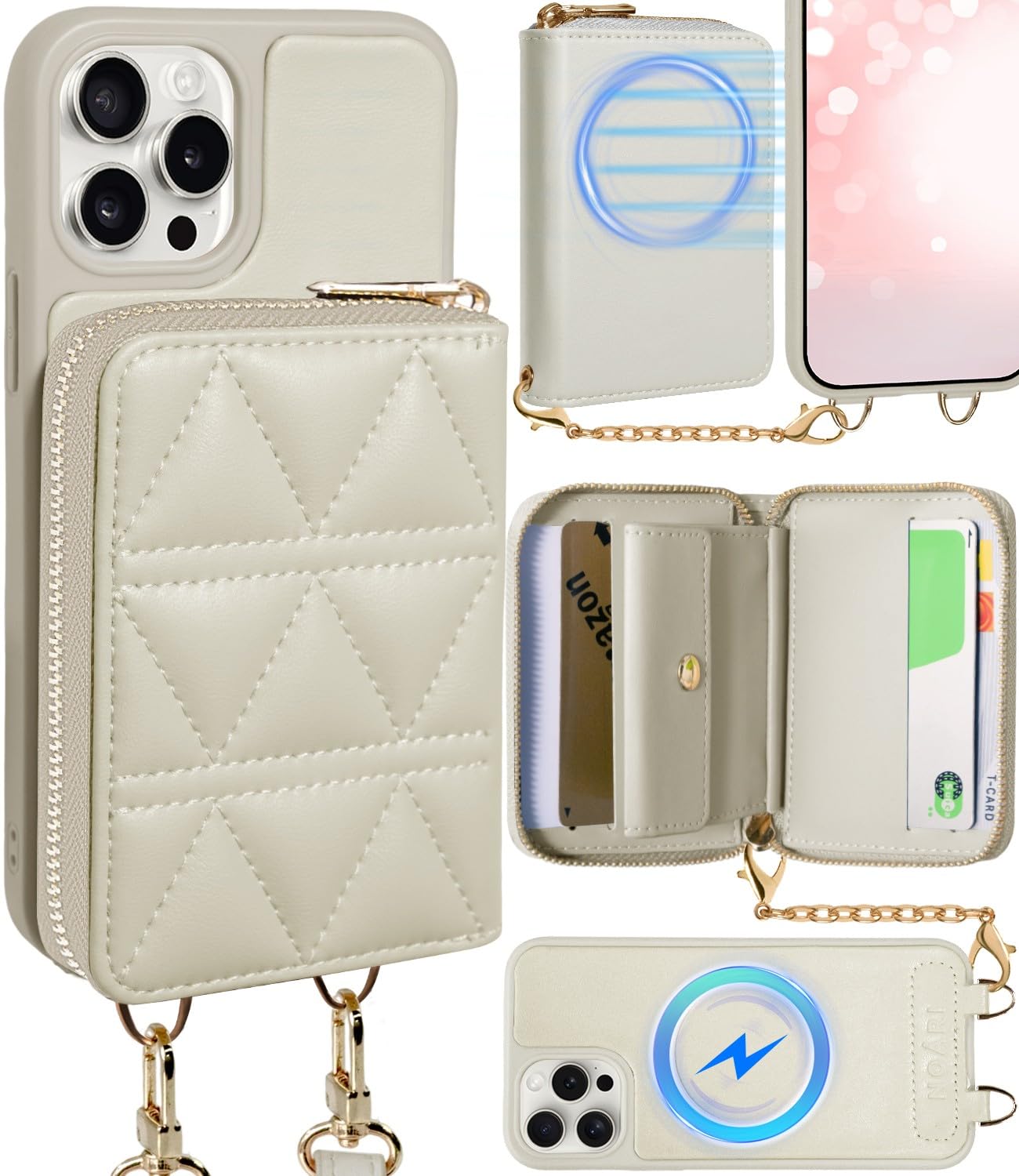 LIISEA 対応 iphone 16 ケース magsafe ワイヤレス充電 いphone16 ショルダー スマホケース 取り外し可能 カード収納 強力 磁気 ストラップ付き チェーン 落下防止 4枚 カード 入れ コインケース 小銭入れ カードポケット 財布 背面 手帳型 マグネット ポーチ付き キルティング 可愛い おしゃれ 耐衝撃カバー アイフォン かわいい 大人可愛い