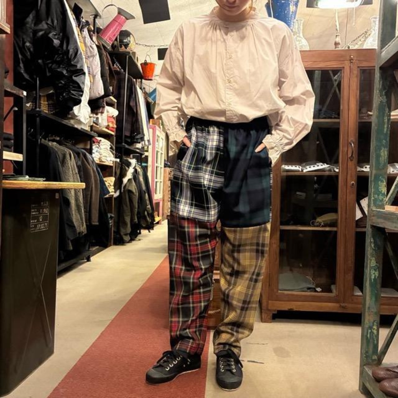 homspun Wool Tartan Multi-Gathered Pants, Tartan Check, Long Bottoms, Tapered, Made in Japan