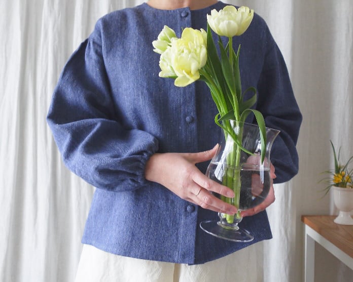 羽織りになるブラウス デニムライクなリネンウール リネン70%、ウール30%