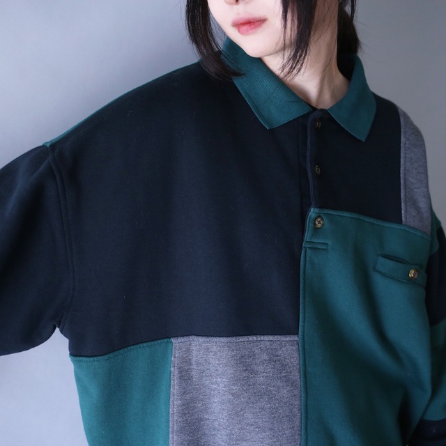 asymmetry switching design XXL over silhouette half-button sweat pullover