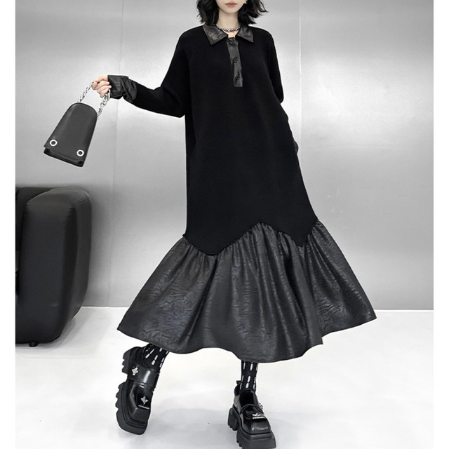 Long-sleeve Shirt Collar Knee-length Knit Dress       00255