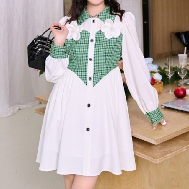 retro girly green plaid suspenders fake two-piece white shirt dress 0976