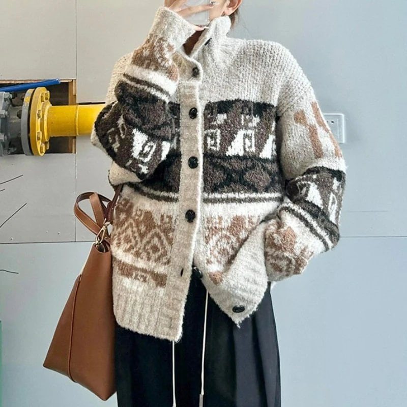 レディースニットカーディガンセーターカジュアルジャンパーカラーブロッキング長袖タートルネックシングルブレスト厚手ゆったりフィット2025冬