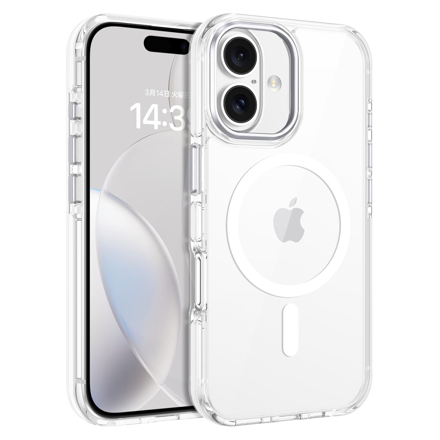 DOMAVER iphone 16 ケース MagSafe対応 氷晶クリア 滑り止めテープ付き 金属製レンズ保護 6.1インチ ホワイト