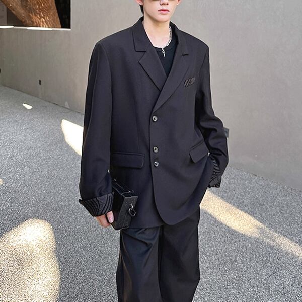 アシメボタンレイヤードカフスブラックスーツジャケット(ruf_02555)