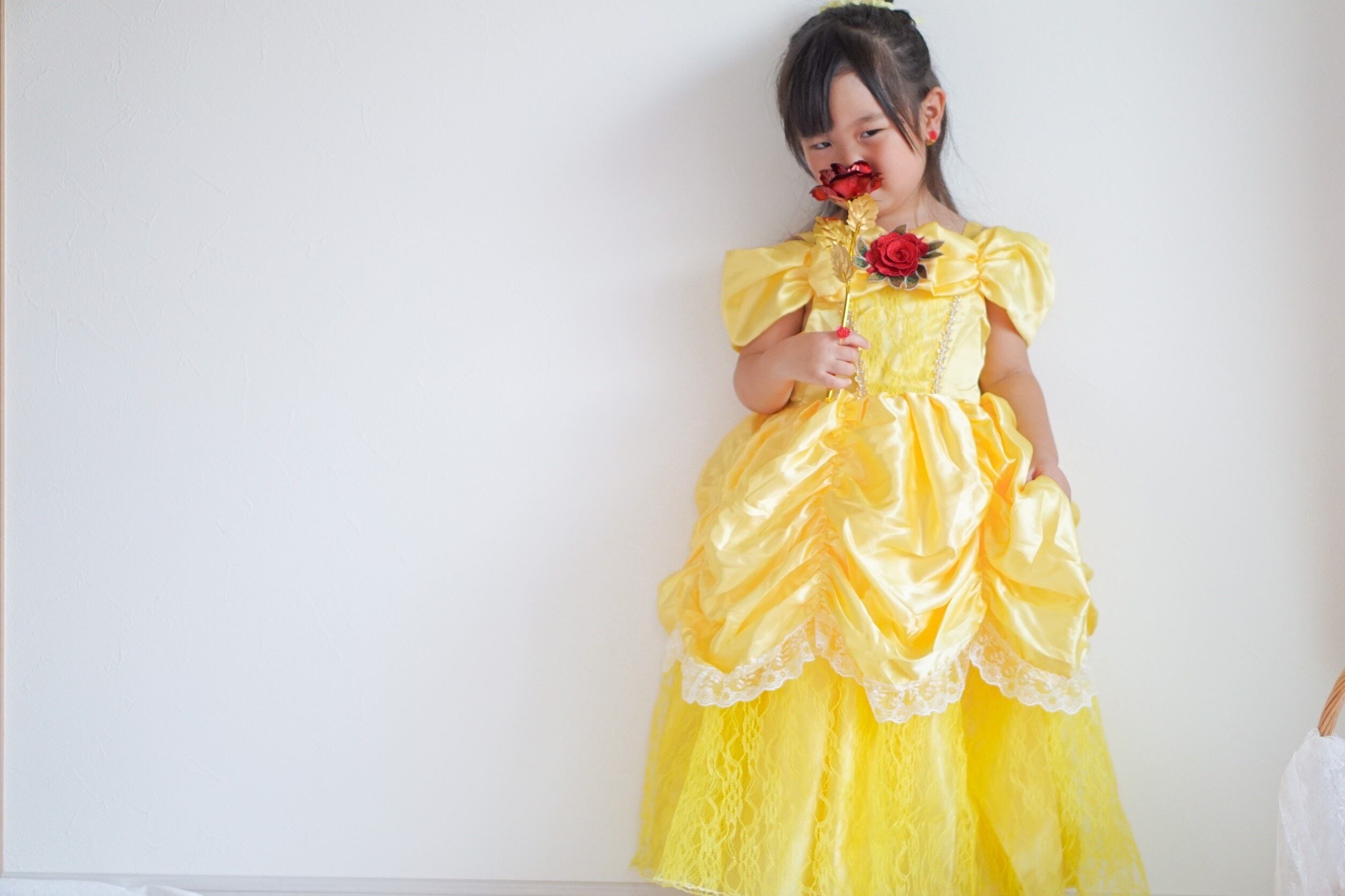 仮装　ディズニー　ベル　ドレス　パニエ、リボン付き 110-140【即納】ベル風プリンセスチュールドレス パニエ一体型