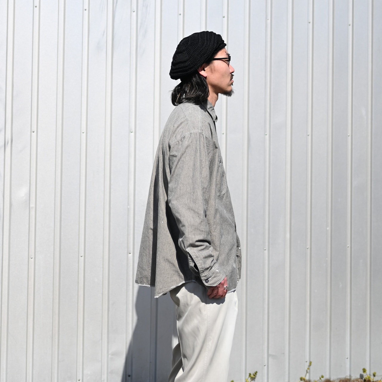 INTERIM(インテリム)MILK PAINT VINTAGE WASH BLACK SHUTTLE CHAMBRAY HYPER BIG US NAVY WORK SHIRT TYPE2