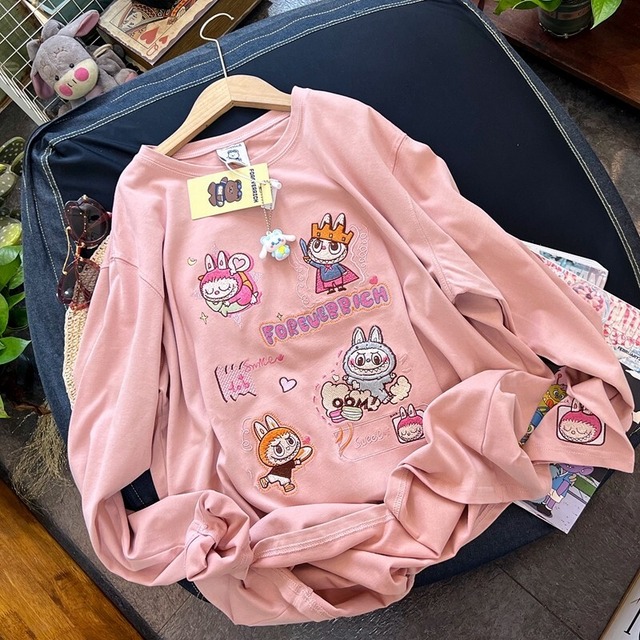 Pandawarks×Labubu LAラブブ限定♡刺繍ロゴTシャツ オーバーサイズ 長袖 綿100% かわいい 若見え 秋冬 カジュアル 厚手 肌触り 抜群