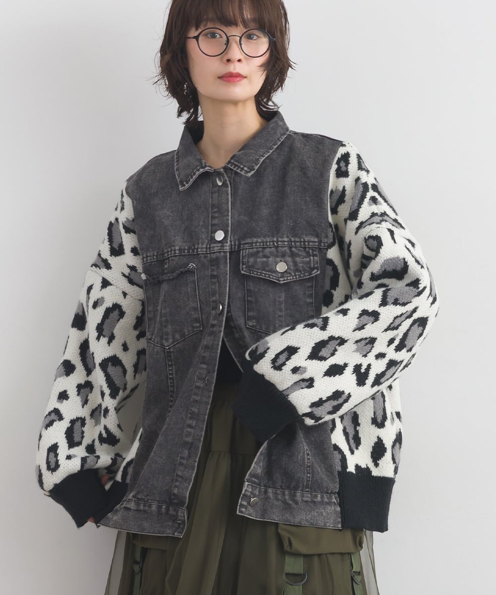D261153 レオパードニット切替デニムジャケット / Leopard Knit Panel