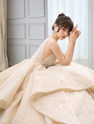 高品質！ウエディングドレス 繊細レース シャンパン色 オフシェル  