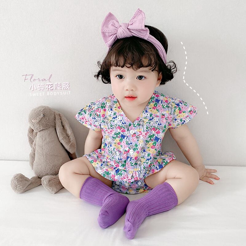フローラルロンパース オールインワン ワンピースサマー薄手 夏物 花柄 パープル 超面白いベビーショップ66802464877