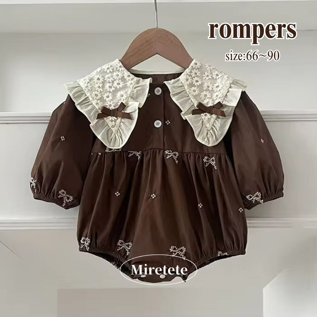 【取寄】流行りのリボンが可愛すぎるフリル襟のリボン長袖ロンパース