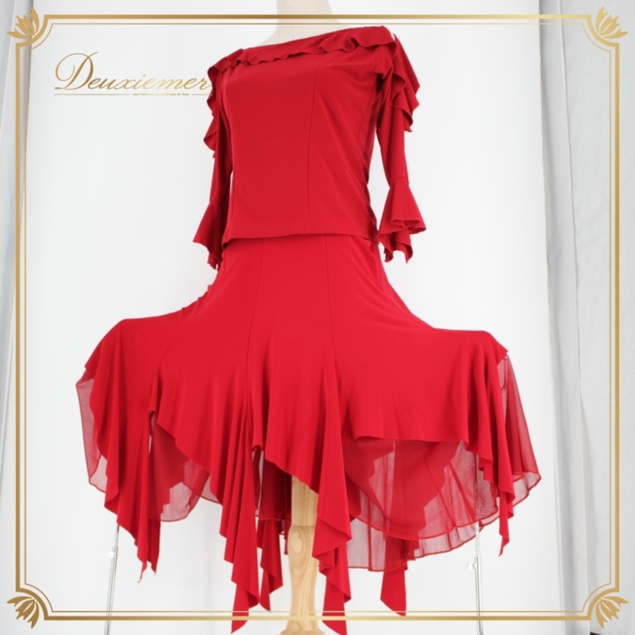 社交ダンス 衣装 ラテン 上下セット ツーピース パーティ衣装 レディース オールシーズン 赤 レッド系 Create-Sun クリエイトサン スカートドレス ダンスウェア おしゃれ カジュアル フェスティバル 発表会 飲み会 コスチューム フリルデザイン エレガント ストレッチ 衣装セット 女性用 楽しい お得 セットアップ 人気 有名ブランド