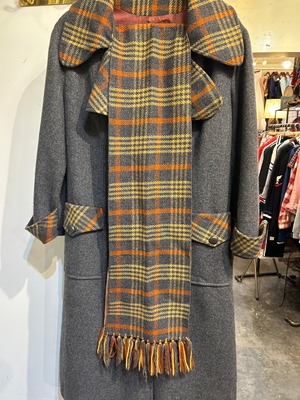 70's check gray coat with muffler& belt