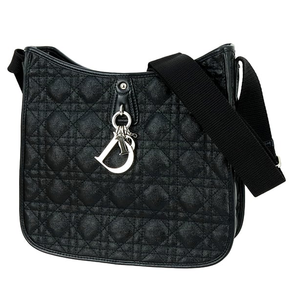 Used DIOR ディオール ショルダーバッグ カナージュ メッセンジャー コーティングキャンバス レザー ブラック チャーム付 超美品