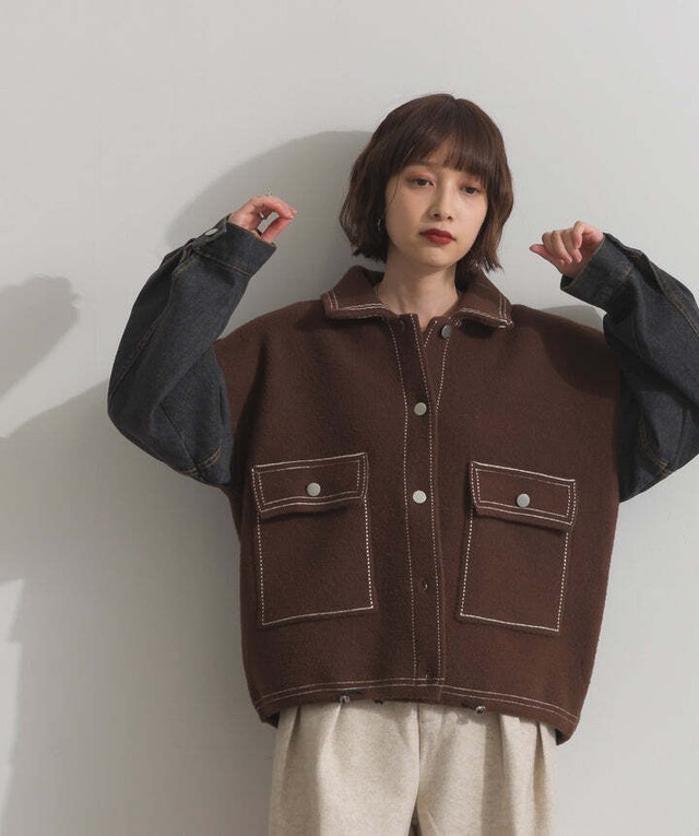 HD2510025 配色ステッチニットジャケットカーディガン brown