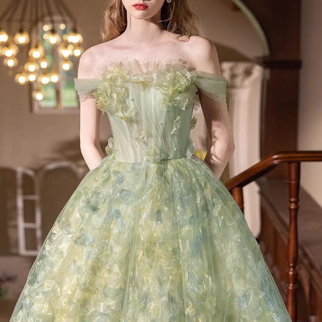 フラワーモチーフチュールオフショルダードレス CL0159