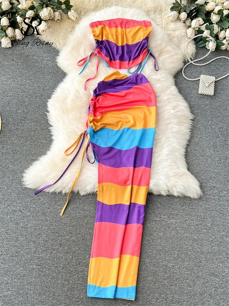 女性のためのsing補強ストライププリントビーチスーツ、ストラップレスドローストリング、ミニトップ、エラスティックロングスカート、アメリカンレトロスリムセクシーセット、レディース_402