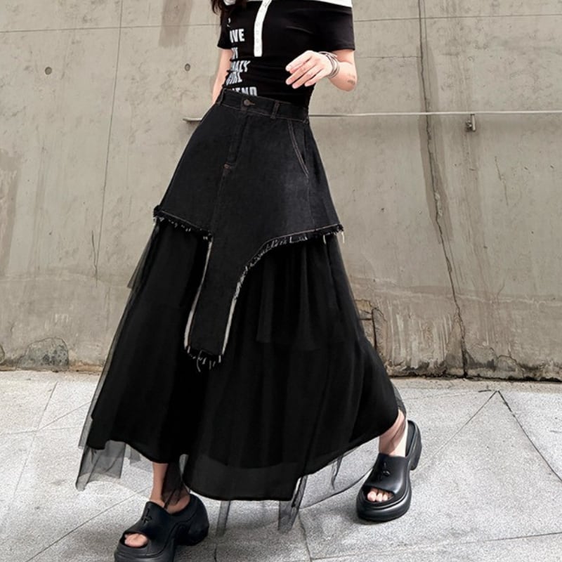 デニム切替 ミモレ丈 チュール スカート 1color SK0354