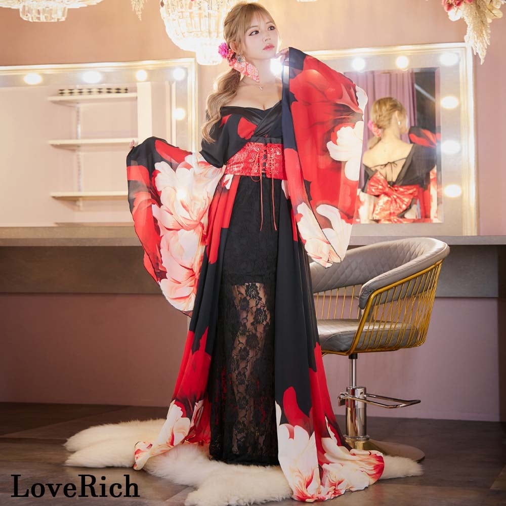 シフォン 着物ドレス 和柄 コルセット風 ロングドレス 衣装 レース