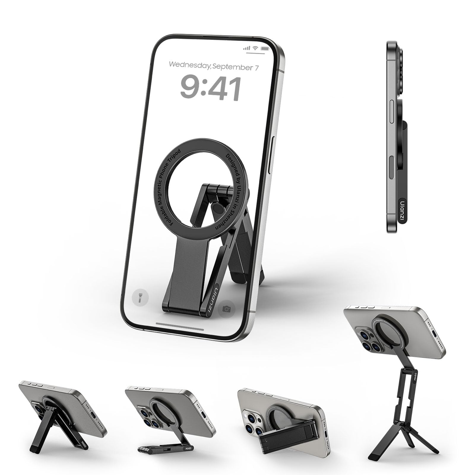 【人気】Ulanzi MA60 スマホ三脚 ミニ三脚 magsafeに対応 自撮り棒 スマホスタンド ミニ携帯スタンド 携帯リング スマホグリップ 薄型軽量 多機能角度調整可能 横置き/縦置き 折りたたみ式 両面マグネット式 アルミ製 持ち運び便利 安定 卓上三脚 セルフィー/生放送/撮影録画/動画鑑賞に最適 Android/iPhone17に対応