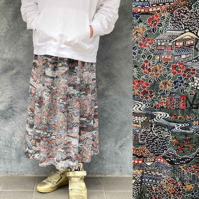 着物リメイクギャザーロングスカート - kimono elastic waist skirt