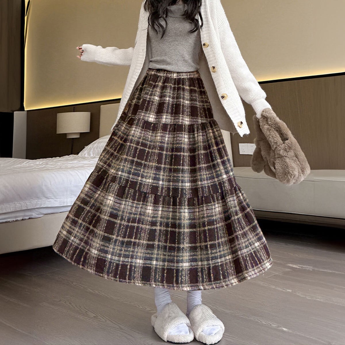 フレアスカート チェック柄 ロングスカート レディース 秋冬 韓国 きれいめ 大人 かわいい フェミニン ガーリー ウエストゴム おしゃれ ハイウエスト 体型カバー 大人可愛い 大人女子