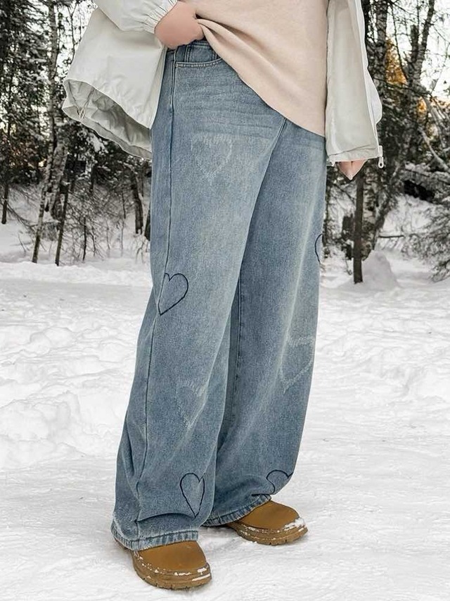こなれ感も可愛さもゆずれない ハート柄ストレートデニムパンツ 大人可愛い ラフ カジュアル ハート おしゃれ カジュアル リラクシー デイリー 着痩せ 細見え 大きいサイズ 韓国 CH11413