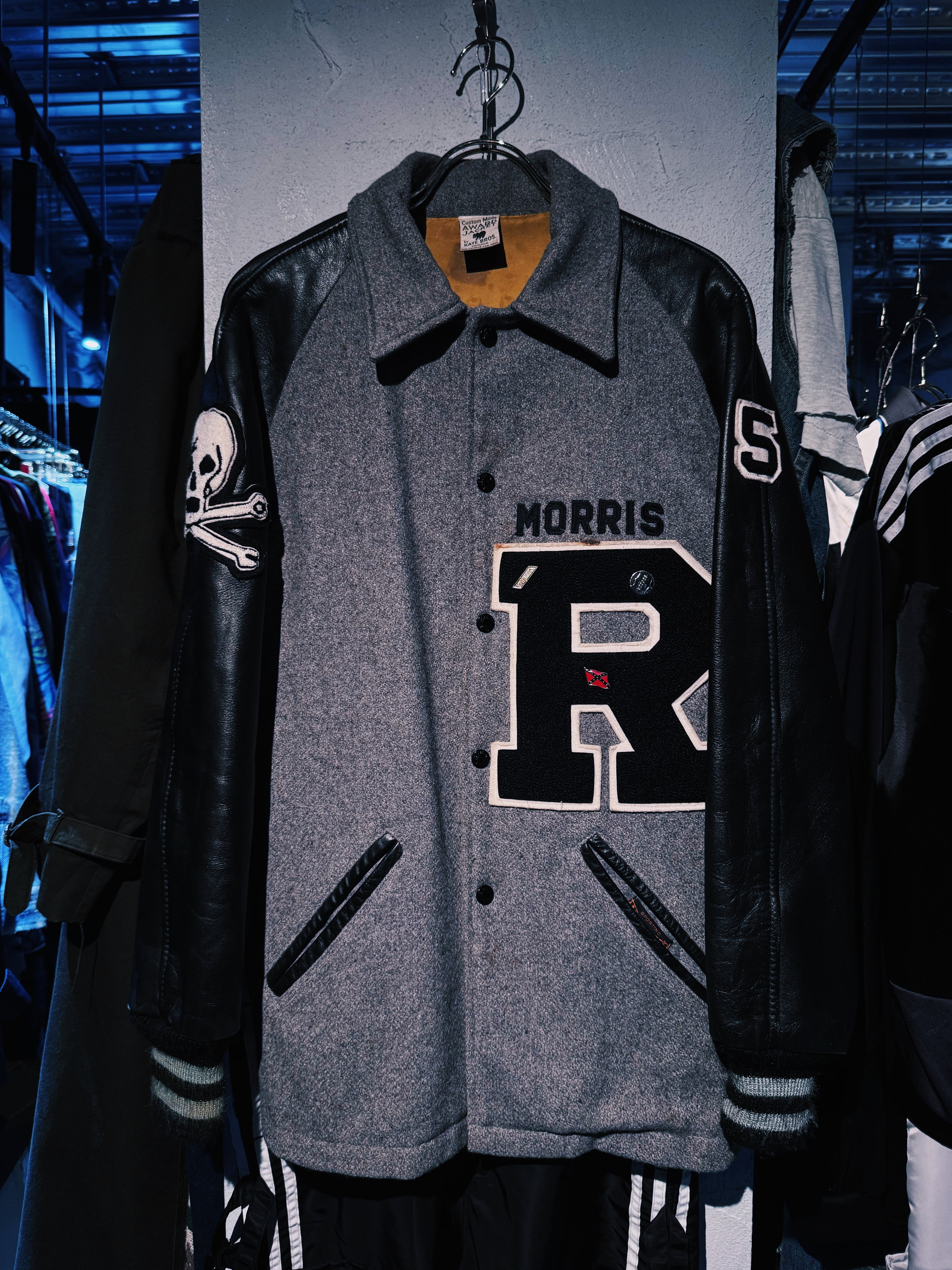 【D4C】90's vintage glay color wool fabric leather switching patchwork design stadium jacket