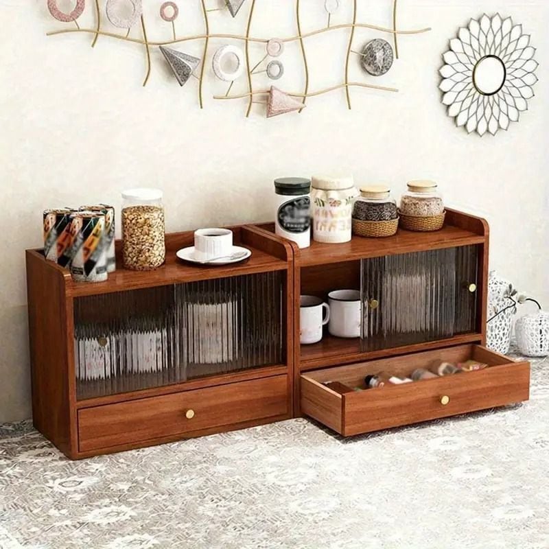 デスク収納 ミニ 食器棚 キャビネット 木製 ガラス扉 引き出し 卓上