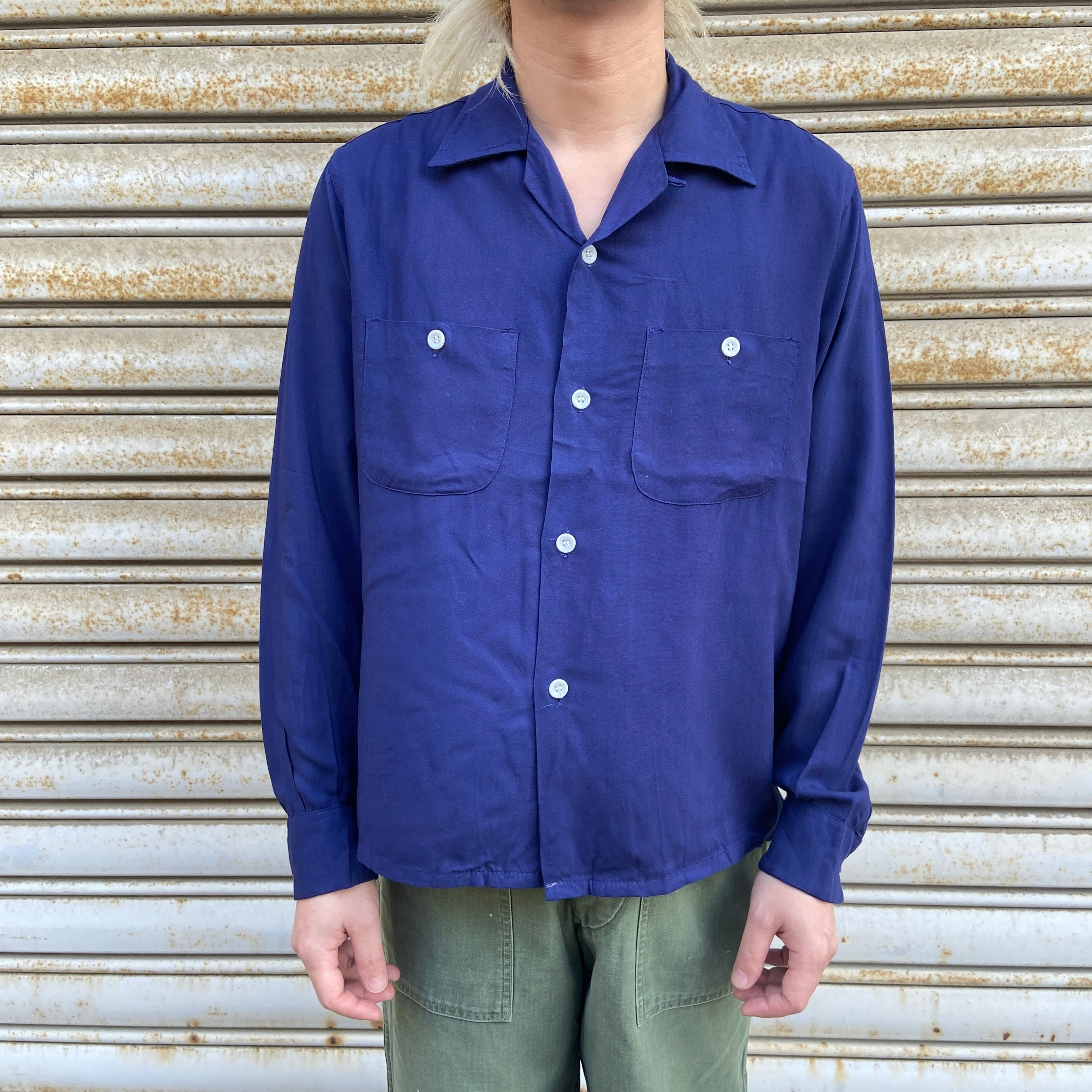 50s Mccall レーヨンシャツ M 長袖 開襟 ネイビー オープンカラー