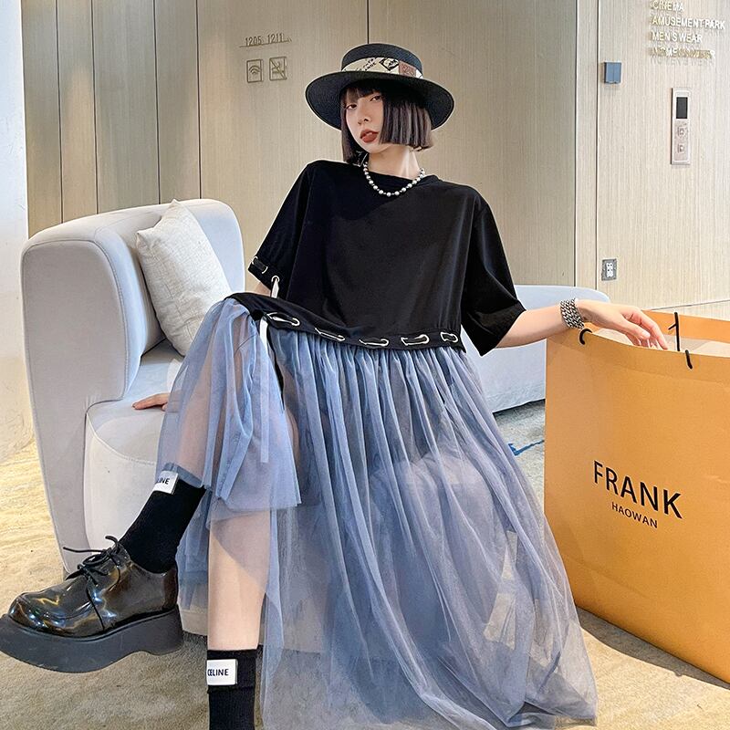 スカート サマースタンダードスタイルロングメッシュドレス レトロ 夏物 ステッチ ラブタオタオダレンハウス298679229
