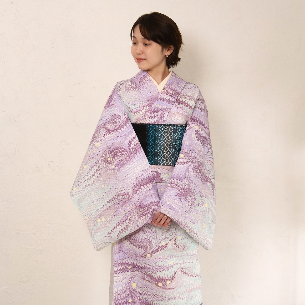 《藤翠香》FUJI SUIKŌ❤︎ピーコックくずし柄×ドット〜洗えるきもの(シルジェリー格子柄)〜