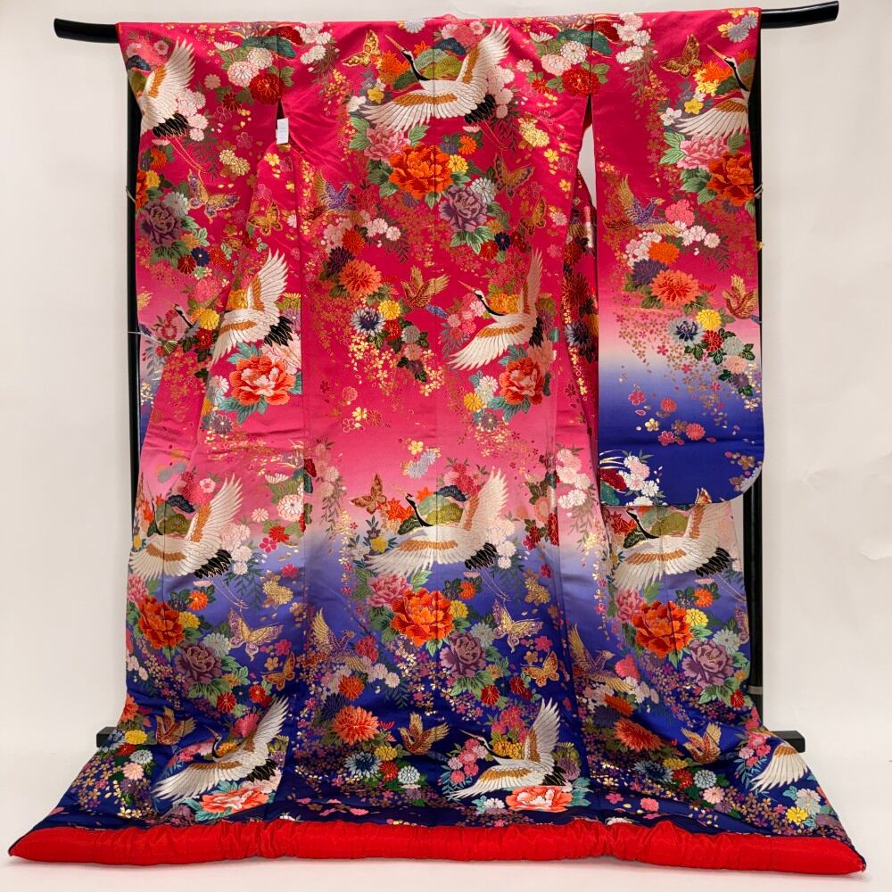 色打掛 正絹 鶴 刺繍 ピンク 青 打掛 花嫁衣裳 ポリエステル リサイクル 中古 ブライダル ウエディング 着物 6650
