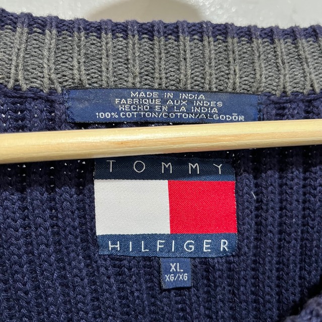 『送料無料』90s Tommy hilfiger リブ編みラインセーター　ネイビーグレー