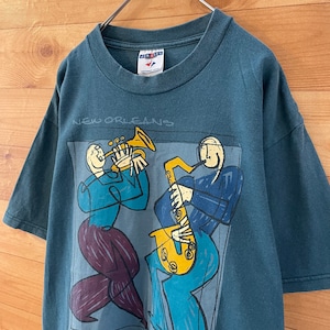 【JERZEES】USA製 ニューオリンズ ジャズ JAZZ イラスト 半袖 Tシャツ アースカラー Mサイズ US古着 アメリカ古着